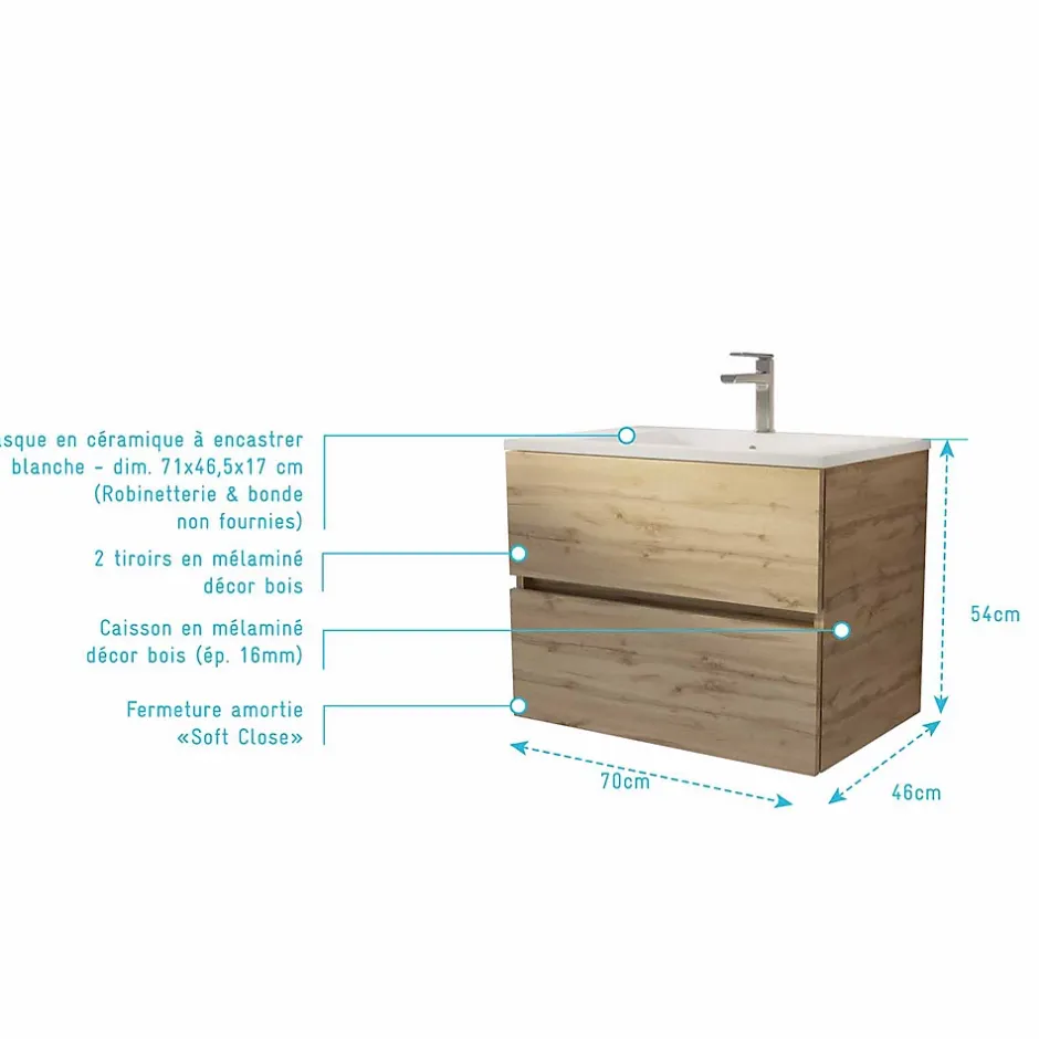 Aurlane Meuble de salle de bains suspendu 70 cm TIMBER - Décor Chêne Naturel 2 tiroirs avec Vasque blanche