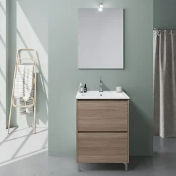 Kiamami Valentina Meuble De Salle De Bains Au Sol 60Cm Avec 2 Tiroirs En Chêne Naturel Effet Bois Avec Lavabo Et Miroir 60X80 - Laguna* Ensemble Meuble De Salle De Bains
