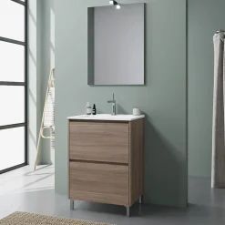 Kiamami Valentina Meuble De Salle De Bains Au Sol 60Cm Avec 2 Tiroirs En Chêne Naturel Effet Bois Avec Lavabo Et Miroir 60X80 - Laguna* Ensemble Meuble De Salle De Bains