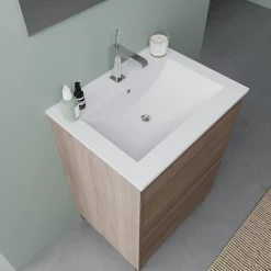 Kiamami Valentina Meuble De Salle De Bains Au Sol 60Cm Avec 2 Tiroirs En Chêne Naturel Effet Bois Avec Lavabo Et Miroir 60X80 - Laguna* Ensemble Meuble De Salle De Bains