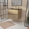 Aurlane Meuble de salle de bains suspendu 70 cm TIMBER - Décor Chêne Naturel 2 tiroirs avec Vasque noire* Meuble Vasque