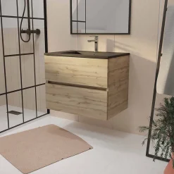 Aurlane Meuble de salle de bains suspendu 70 cm TIMBER - Décor Chêne Naturel 2 tiroirs avec Vasque noire* Meuble Vasque