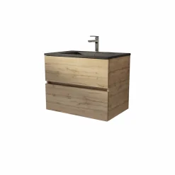 Aurlane Meuble de salle de bains suspendu 70 cm TIMBER - Décor Chêne Naturel 2 tiroirs avec Vasque noire* Meuble Vasque