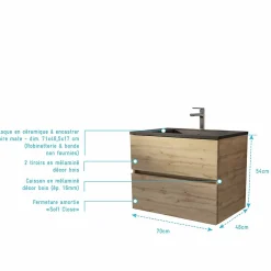 Aurlane Meuble de salle de bains suspendu 70 cm TIMBER - Décor Chêne Naturel 2 tiroirs avec Vasque noire* Meuble Vasque