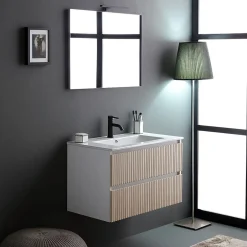 Kiamami Valentina Meuble De Salle De Bains Cannage Blanc Et Chêne 80Cm, Lavabo Et Miroir 80X60 - Bilbao* Ensemble Meuble De Salle De Bains