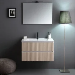 Kiamami Valentina Meuble De Salle De Bains Cannage Blanc Et Chêne 80Cm, Lavabo Et Miroir 80X60 - Bilbao* Ensemble Meuble De Salle De Bains