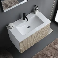 Kiamami Valentina Meuble De Salle De Bains Cannage Blanc Et Chêne 80Cm, Lavabo Et Miroir 80X60 - Bilbao* Ensemble Meuble De Salle De Bains