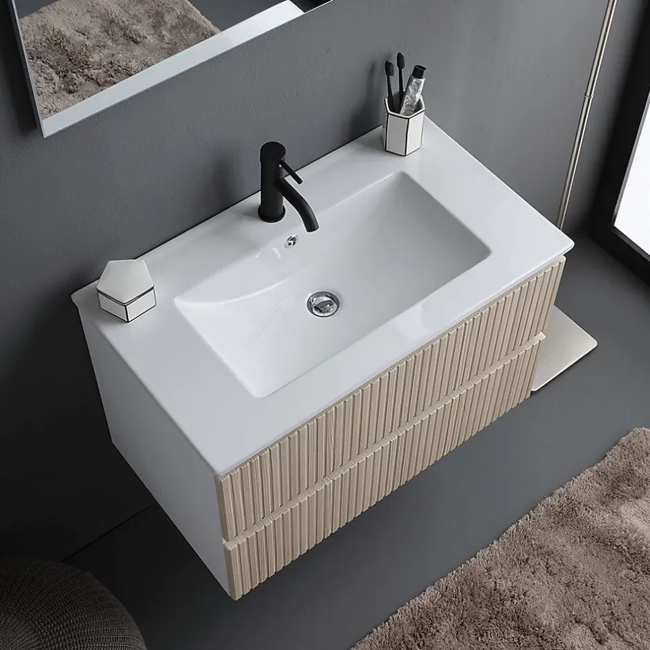 Kiamami Valentina Meuble De Salle De Bains Cannage Blanc Et Chêne 80Cm, Lavabo Et Miroir 80X60 - Bilbao* Ensemble Meuble De Salle De Bains