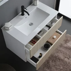 Kiamami Valentina Meuble De Salle De Bains Cannage Blanc Et Chêne 80Cm, Lavabo Et Miroir 80X60 - Bilbao* Ensemble Meuble De Salle De Bains