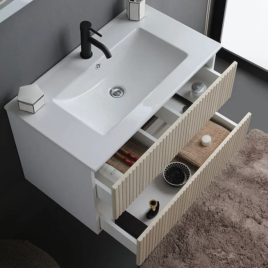 Kiamami Valentina Meuble De Salle De Bains Cannage Blanc Et Chêne 80Cm, Lavabo Et Miroir 80X60 - Bilbao* Ensemble Meuble De Salle De Bains