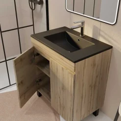 Aurlane Meuble de salle de bains 70cm TIMBER Décor Chêne Naturel à Portes Vasque Noire et Miroir LED 70x50