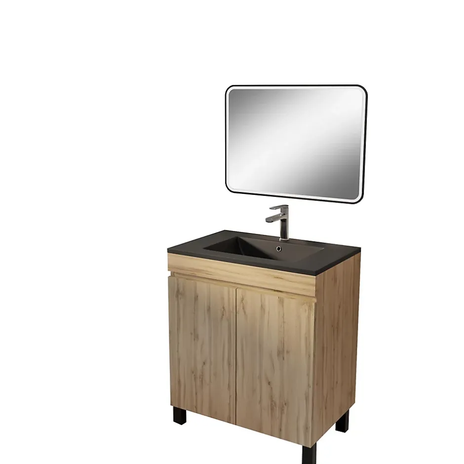 Aurlane Meuble de salle de bains 70cm TIMBER Décor Chêne Naturel à Portes Vasque Noire et Miroir LED 70x50