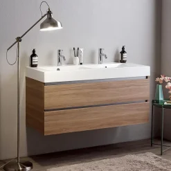 Kiamami Valentina Meuble De Salle De Bains Suspendu 120Cm Avec Tiroirs En Chêne Naturel Soft Close Et Double Lavabo - Valentina* Ensemble Meuble De Salle De Bains