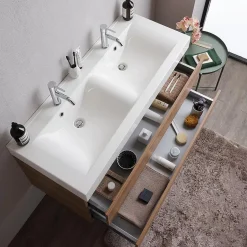 Kiamami Valentina Meuble De Salle De Bains Suspendu 120Cm Avec Tiroirs En Chêne Naturel Soft Close Et Double Lavabo - Valentina* Ensemble Meuble De Salle De Bains