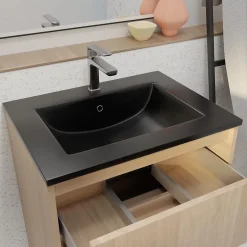 Aurlane Meuble de salle de bains 60 cm 3 Tiroirs Chêne Clair + Vasque Céramique Noire - XENOS* Meuble Vasque
