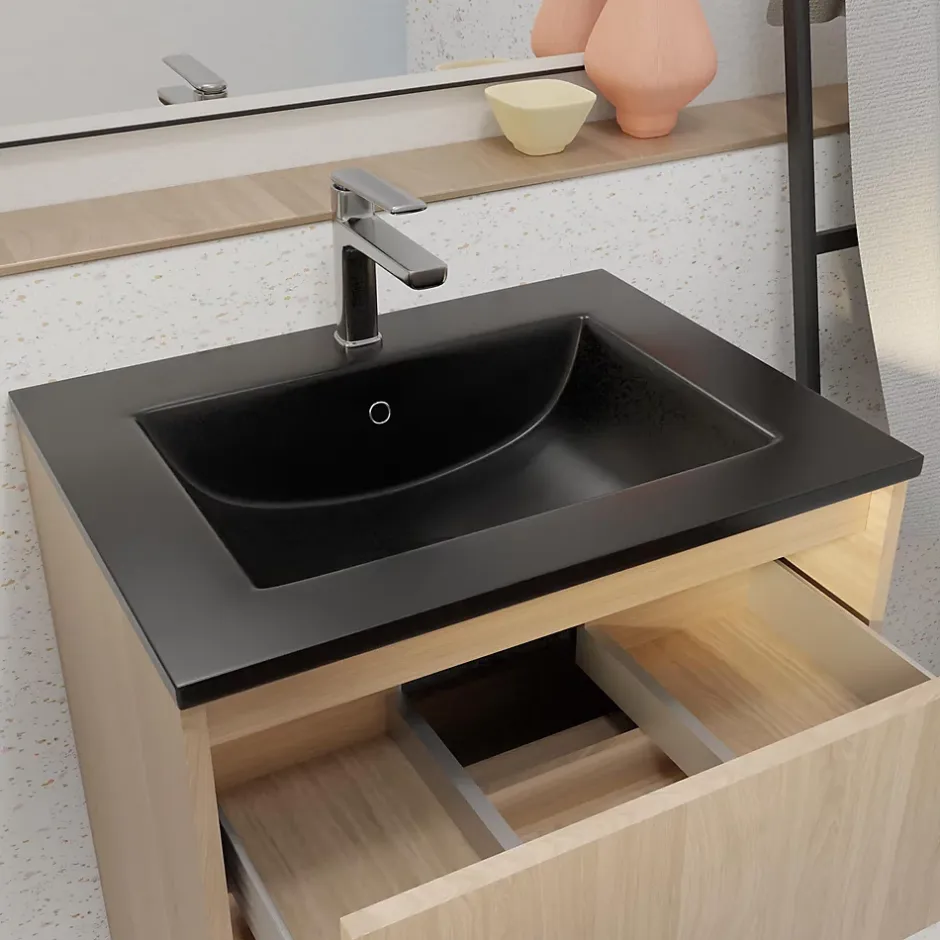 Aurlane Meuble de salle de bains 60 cm 3 Tiroirs Chêne Clair + Vasque Céramique Noire - XENOS* Meuble Vasque