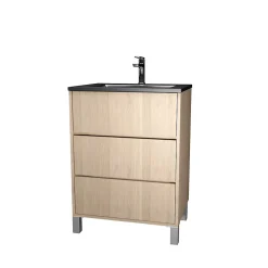 Aurlane Meuble de salle de bains 60 cm 3 Tiroirs Chêne Clair + Vasque Céramique Noire - XENOS* Meuble Vasque