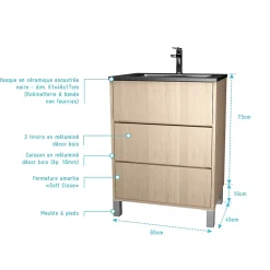 Aurlane Meuble de salle de bains 60 cm 3 Tiroirs Chêne Clair + Vasque Céramique Noire - XENOS* Meuble Vasque