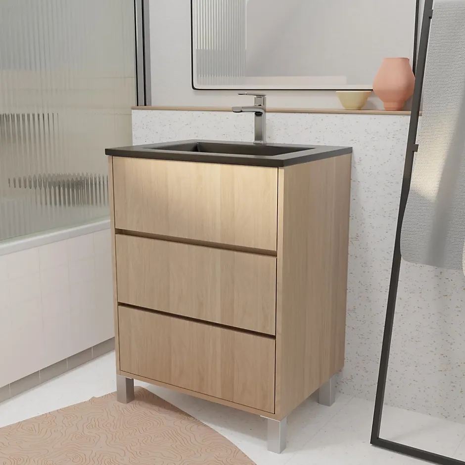 Aurlane Meuble de salle de bains 60 cm 3 Tiroirs Chêne Clair + Vasque Céramique Noire - XENOS* Meuble Vasque