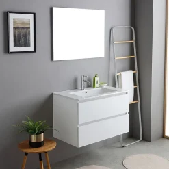 Kiamami Valentina Meuble De Salle De Bains Suspendu 80Cm Blanc Avec Lavabo En Céramique Et Miroir - Bilbao* Ensemble Meuble De Salle De Bains