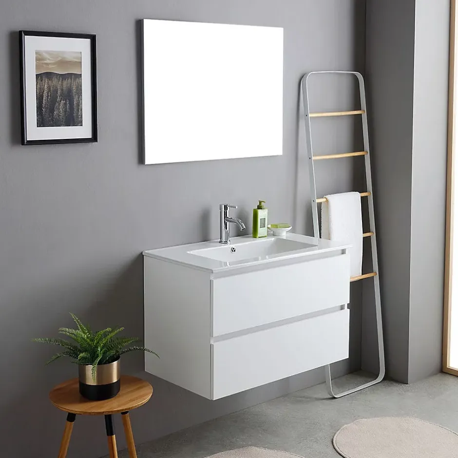Kiamami Valentina Meuble De Salle De Bains Suspendu 80Cm Blanc Avec Lavabo En Céramique Et Miroir - Bilbao* Ensemble Meuble De Salle De Bains
