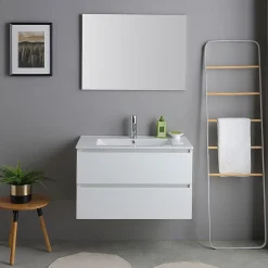 Kiamami Valentina Meuble De Salle De Bains Suspendu 80Cm Blanc Avec Lavabo En Céramique Et Miroir - Bilbao* Ensemble Meuble De Salle De Bains