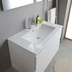Kiamami Valentina Meuble De Salle De Bains Suspendu 80Cm Blanc Avec Lavabo En Céramique Et Miroir - Bilbao* Ensemble Meuble De Salle De Bains