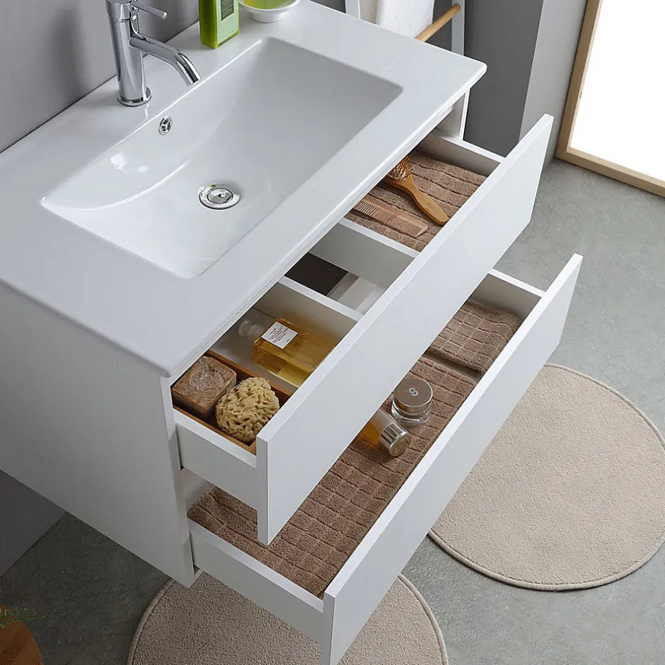Kiamami Valentina Meuble De Salle De Bains Suspendu 80Cm Blanc Avec Lavabo En Céramique Et Miroir - Bilbao* Ensemble Meuble De Salle De Bains