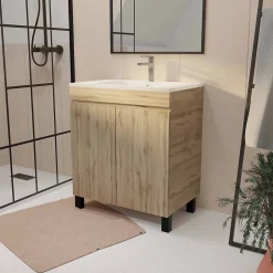 Aurlane Meuble de salle de bains 70 cm TIMBER - Décor Chêne Naturel à portes avec Vasque céramique blanche* Meuble Vasque