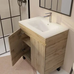 Aurlane Meuble de salle de bains 70 cm TIMBER - Décor Chêne Naturel à portes avec Vasque céramique blanche* Meuble Vasque