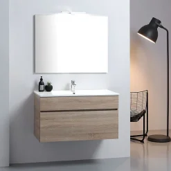 Kiamami Valentina Meuble De Salle De Bains Suspendu De 90 Cm En Chêne Naturel Avec Lavabo De La Série Sole