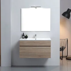 Kiamami Valentina Meuble De Salle De Bains Suspendu De 90 Cm En Chêne Naturel Avec Lavabo De La Série Sole