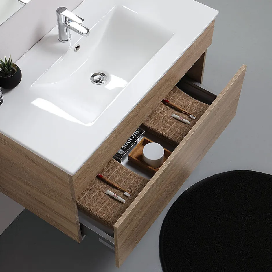 Kiamami Valentina Meuble De Salle De Bains Suspendu De 90 Cm En Chêne Naturel Avec Lavabo De La Série Sole