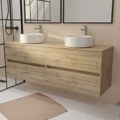 Aurlane Meuble de salle de bains 160 TIMBER Décor Chêne - 4 Tiroirs - 2 Vasques Rondes Blanches* Meuble Vasque