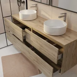 Aurlane Meuble de salle de bains 160 TIMBER Décor Chêne - 4 Tiroirs - 2 Vasques Rondes Blanches* Meuble Vasque