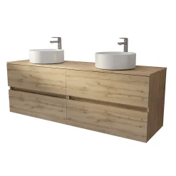 Aurlane Meuble de salle de bains 160 TIMBER Décor Chêne - 4 Tiroirs - 2 Vasques Rondes Blanches* Meuble Vasque