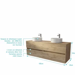 Aurlane Meuble de salle de bains 160 TIMBER Décor Chêne - 4 Tiroirs - 2 Vasques Rondes Blanches* Meuble Vasque