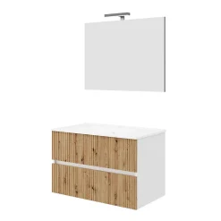 Kiamami Valentina Meuble De Salle De Bains 80Cm Blanc Avec Façade En Chêne Cannelé Et Miroir 80X60