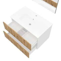 Kiamami Valentina Meuble De Salle De Bains 80Cm Blanc Avec Façade En Chêne Cannelé Et Miroir 80X60