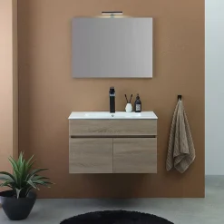 Kiamami Valentina Meuble De Salle De Bains Suspendu Chêne Marron 80Cm, Lavabo Et Miroir 80X60 Silvia