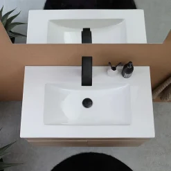 Kiamami Valentina Meuble De Salle De Bains Suspendu Chêne Marron 80Cm, Lavabo Et Miroir 80X60 Silvia