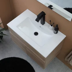 Kiamami Valentina Meuble De Salle De Bains Suspendu Chêne Marron 80Cm, Lavabo Et Miroir 80X60 Silvia