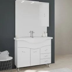 Kiamami Valentina Meuble De Salle De Bains Classique Blanc De 106 Cm Avec Lavabo, Miroir Et Meuble Suspendu.