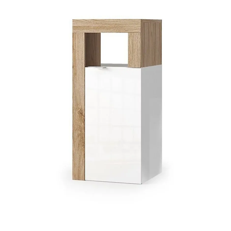 Meublorama Meuble de salle de bains BURA 1 porte Blanc brillant laqué et chene clair Design moderne* Meuble De Salle De Bains Faible Profondeur