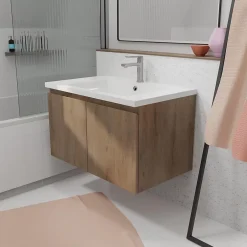 Aurlane Meuble de salle de bains 75cm à Suspendre Décor Bois Clair - 2 Portes - Vasque Blanche - ELEMENTARY* Meuble Vasque