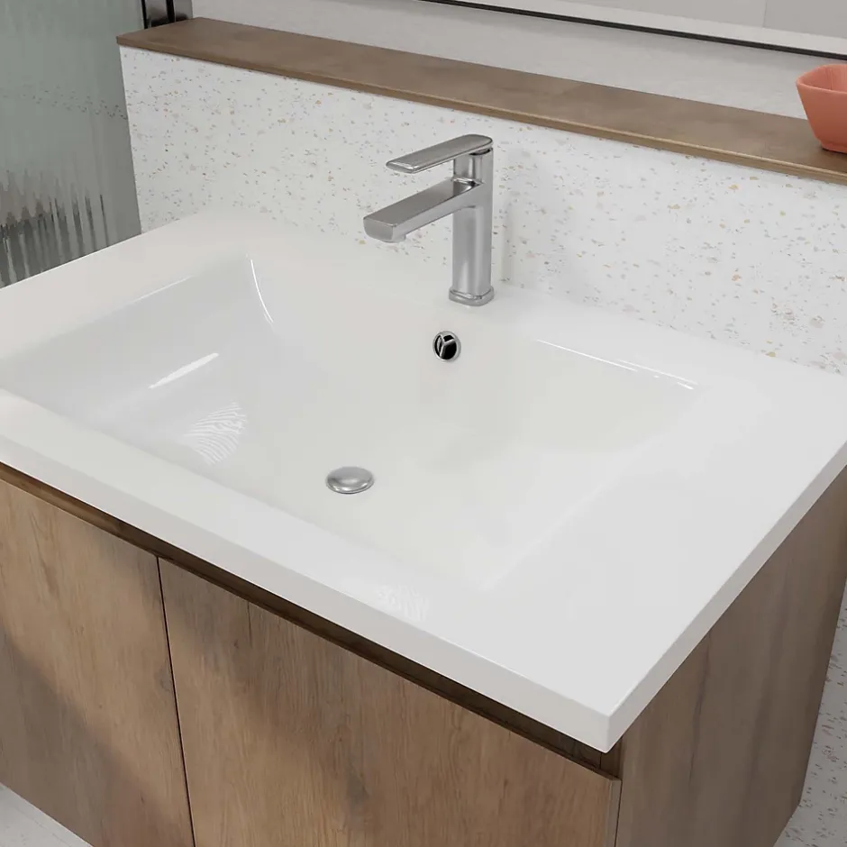 Aurlane Meuble de salle de bains 75cm à Suspendre Décor Bois Clair - 2 Portes - Vasque Blanche - ELEMENTARY* Meuble Vasque