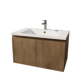 Aurlane Meuble de salle de bains 75cm à Suspendre Décor Bois Clair - 2 Portes - Vasque Blanche - ELEMENTARY* Meuble Vasque