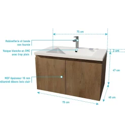 Aurlane Meuble de salle de bains 75cm à Suspendre Décor Bois Clair - 2 Portes - Vasque Blanche - ELEMENTARY* Meuble Vasque