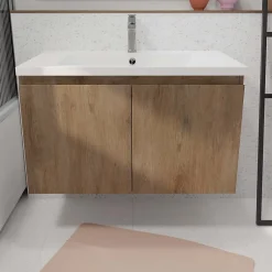 Aurlane Meuble de salle de bains 75cm à Suspendre Décor Bois Clair - 2 Portes - Vasque Blanche - ELEMENTARY* Meuble Vasque