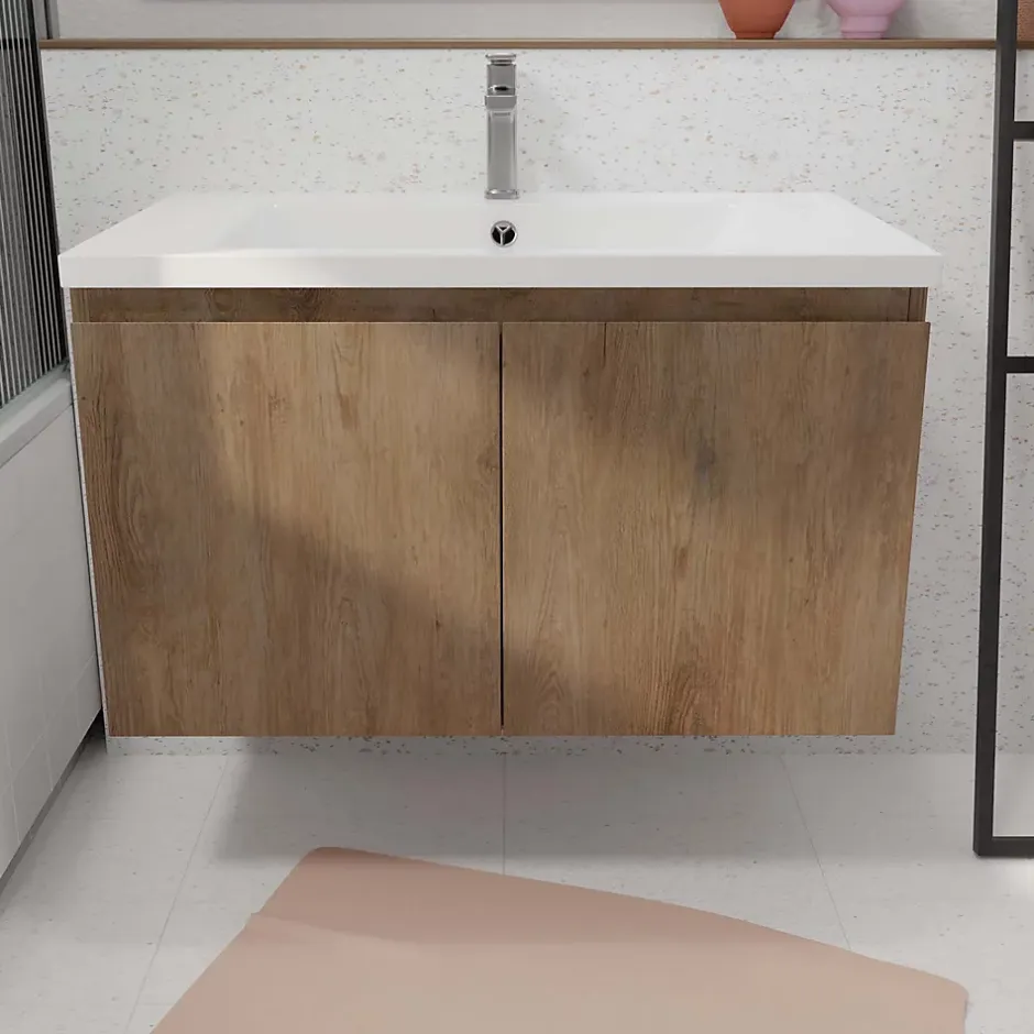 Aurlane Meuble de salle de bains 75cm à Suspendre Décor Bois Clair - 2 Portes - Vasque Blanche - ELEMENTARY* Meuble Vasque